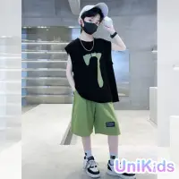 在飛比找momo購物網優惠-【UniKids】中大童裝2件套無袖T恤休閒五分褲 男大童裝