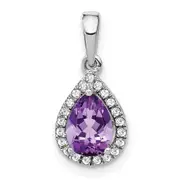 14k White Gold Pear Amethyst and Real Diamond Halo Pendant