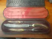 HARRISON BROS. & HOWSON SHEFFIELD STAG & STERLING ANTIQUE ALPHA CARVING SET
