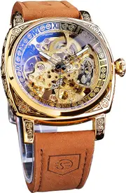 FORSINING Square Luxury Retro Mechanical Watch for Men, Gorgeous Hollow Skeleton Self-Wind Carved Automatic Watches Vintage Leather Strap Wristwatch Silver Dail Black Strap