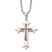 Stainless Steel Chisel Polished Brown Ip-Plated Diamond Accent Cross Pendant On A 24 Inch Ball Chain Necklace