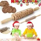 Christmas Rolling Pin Embossing Baking Cookies Cake Textured Wooden Kitchen Tool