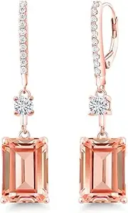 [Gem Stone King] 18K Rose Gold Plated Silver Emerald Cut Peach Nano Morganite and White Moissanite Dangle Earrings For Women | 13.36 Cttw | Emerald Cut 14X10MM, Rose Gold Plated Silver, Gemstone, nano