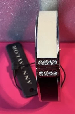Ann Taylor Bangle Bracelet Black Ivory Silver Tone Clamper Hinge Rhinestone