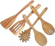 PHENOFICE 5 Pcs Natural Wooden Utensil Set Wooden Spatula Pasta Spoon Mixing Spoon Ladle Heat Resistant for Non-Stick Cookware