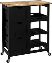 Trolley on Wheels Rolling Kitchen Island Cart, Bar Serving Cart, Compact Trolley On Wheels with Wood Top, Shelves & Drawers Trolley