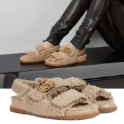 GUCCI SHOES DOUBLE G LOGO BEIGE MERINO WOOL SANDALS w STRAPS $1250 38 8