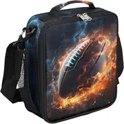 Fire Football Insulated Lunch Bag Watercolor Football Kids Lunch Box Reusable Leakproof Lunch Bag for Girls Boys Cooler Tote Bag with Adjustable Shoulder Strap for School Picnic Work Travel Outdoor