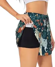 [WURTON] Gorgeous Meadows Pattern with Floral Elephant in Print Exercise Gym Workout Shorts Women's Athletic Shorts Dual-Layered Yoga