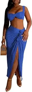 [XAOUMTB] Women's 2024 Sexy 2 Piece Outfits Dress Set Solid Color Camisole Bra Crop Top Club Party Night High Split Maxi Skirt(Blue,Large)