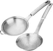 Fine Mesh Stainless Steel Metal With HoleSieve Food Strainer Grease Spider Skimmer And With Handle Large Holes Slotted Colander Frying Spoon Set,Handheld For Kitchen Cooking And Filter Food Residues