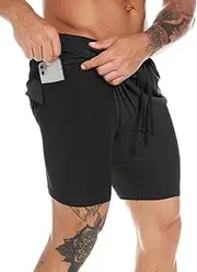[MOVEUP] Men's 2 in 1 Workout Running Shorts 5" Quick Dry Athletic Shorts Lightweight Gym Training Short for Men with Phone Pockets