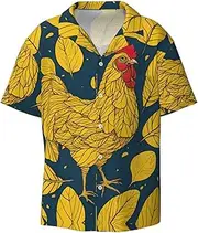 [HJLUUFT] Yellow Leaves Chicken Men's Shirts,Classic Hawaiian, Cuban Styles,Vacation Wear - Breathable Button Down Shirts for Men