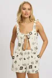 Beige Abstract Open Front Top Sleeveless Linen Blend - Size 6XXS, Women's Top