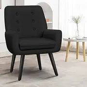 ALFORDSON Wooden Armchair High Back Accent Chair with Armrest & Solid Wood Leg, Linen Fabric Upholstery Lounge Sofa for Reading Bedroom Living Room, 180KG Capacity, All Black