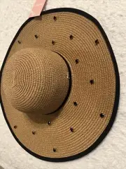 Juicy Couture Tan Straw Floppy Black Trim & Rhinestone Gems