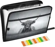 Quteprint 13 Pockets Expanding File Folder with Zipper Closure, Highland Cow Black Accordion File Folder with Sticky Labels, Letter Size A4 Papers Expandable File Document Organizer