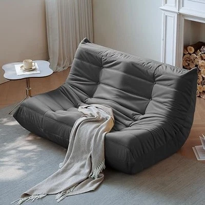 Fireside Couch, Modern Suede Fabric Bean Bag Chair, Premium Loveseat Dark Gray
