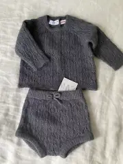 NEW OPEN KNIT WOOL ALPACA BLEND KNIT SWEATER AND BLOOMERS SET ANTHRA GREY 3-6M