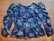 moon & stars Girls Blouse Long Ruffle Sleeves XL Navy Floral Print Chiffon NWT