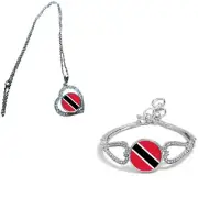 Set Of 2 Trinidad & Tobago Silver Colour Diamante Bracelet + Necklace + Bag