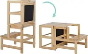 JOYMOR Kids Kitchen Standing Tower with Safety Rail, Chalkboard, Children Learning Step Tower for Kitchen Counter, Mothers' Helper (Natural)