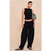 Black Mid Rise Barrel Tailored Pants, Black