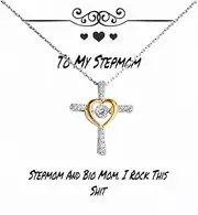Sarcasm Stepmom Gifts, Stepmom And Bio Mom. I Rock This Shit, Stepmom Cross Dancing Necklace From Daughter, Gifts For Mom, Gift ideas for her, Gift ideas for him, Unique gift ideas, Inexpensive gift, Sterling Silver, Cubic Zirconia