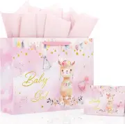 Extra Large Baby Girl Gift Bag for Baby Shower,16'' Cute Llama Baby Girl Gold Fo