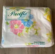 Vintage Pacific No Iron Muslin Anemones Double Fitted Sheet Floral Pattern NOS