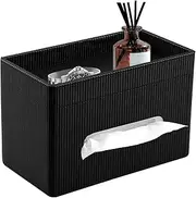 DJAPWPX Tissue Box Cover, Rectangular Tissue Box Holder with Storage Tray, PU Leather Facial Paper Organizer, Stylish Napkin Dispenser for Desk Countertop Office Bathroom (Black)