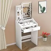 Makeup Table with Lights, Vanity Table Vanity Desk with Storage Drawer & Shelves, LED Lighted Mirror Brightness Adjustable, Small Make Up Vanity for Teen Girls, White