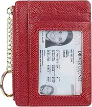 [Cynure] Women's Slim Minimalist Card Holder Coin Changes Purse Keychain Front Pocket Wallet With ID Window, Red-ID, one size, Minimalist Card Holder Keychain Front Pocket Wallet With Id Window