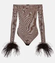 [Oseree] Oséree Feather-trimmed mesh bodysuit AU 14 brown