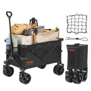 Collapsible Folding Wagon, 113 L Beach Wagon Cart with All-Terrain Wheels, Heavy Duty Folding Wagon Cart Max 250 lbs with Drink Holders, Sports Wagon for Camping, Shopping,