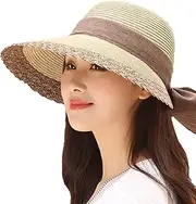 [YUANKEXIANG] Straw Sun Hats for Women Beach Summer Wide Brim Adjustable Lightweight Foldable/Packable Travel with Uv Upf50 Protection