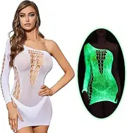 [DTWAWA] Glow in the Dark Sexy White Fishnet Stockings, Stylish Bodysuit Leggings for Womens Party
