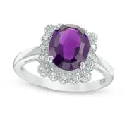 Oval Amethyst and Natural Diamond Accent Scallop Frame Antique Vintage-Style Ring in Sterling Silver