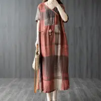 在飛比找momo購物網優惠-【Pure 衣櫃】復古棉麻印花連身裙洋裝(KDDY-1887