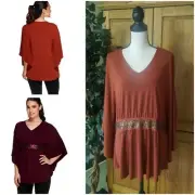 Susan Graver XL 18-20 Rust Copper Liquid Knit Scarf Top w/Front Sequin Trim