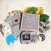 OFUSUY 10 Pcs Pregnancy Announcement Set, Elephant Pregnancy Reveal Ideas Include Felt Letter Board Sonogram Picture Frame Bodysuit Sock Baby Sign and Monstera Leaf for Coming Soon Baby Announcement