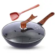 Wok Pan with Glass Lid and Wooden spatula - 12.6" Carbon Steel Stir Fry Pan w...