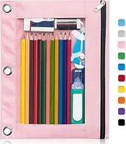 Forvencer Pencil Pouch for 3 Ring Binder, Binder Pencil Case with Smooth Zipper, Clear Window Pencil Case for Binder, Big Capacity 3 Ring Binder Pencil Bag with 3 Reinforced Grommets, Pink