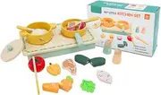 Wooden Kids Kitchen Playset, 19PCS Montessori Toy Kitchen Set with Pots, Pans, Vegetables, Knife, Storage Box – Pretend Play Kitchen Toys for Toddlers Age 2-5, Girl Toddler Gifts for 3 4 5 Year Old