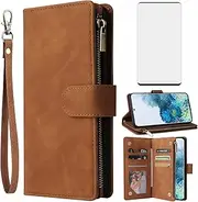 [Asuwish] Compatible with Samsung Galaxy S20 Glaxay S 20 5G UW 6.2 inch Wallet Case Tempered Glass Screen Protector and Leather Flip Cover Card Holder Cell Phone Cases for Gaxaly 20S G5 Women Men Brown