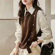 Long-Sleeve Plain Button-Up Shirt / Plain Crew Neck Sweater Vest Vest - Coffee - One Size