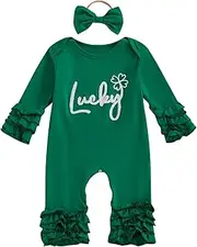 [Sasaerucure] Newborn Baby Girl St. Patrick’s Day Jumpsuit Romper with Headband Infant Girl St. Patrick’s Day Outfits