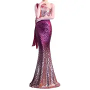 Nevenka Womens Asymmetric Ribbon Gradient Sequin Mermaid Long Prom Dress-Gold