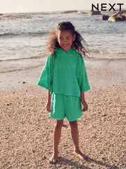 Green Flower Towelling Beach Co-Ord Hoodie And Shorts Set (3-16yrs) (AB7630) | $20 - $26