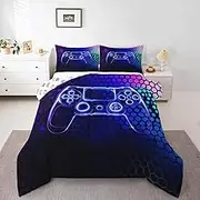 Feelyou Kids Blue Gamer Duvet Insert Full Size, Honeycomb Gaming Comforter Set Boys Girls Geometric Game Bedding Set Bedroom Decor Microfiber Bed Set